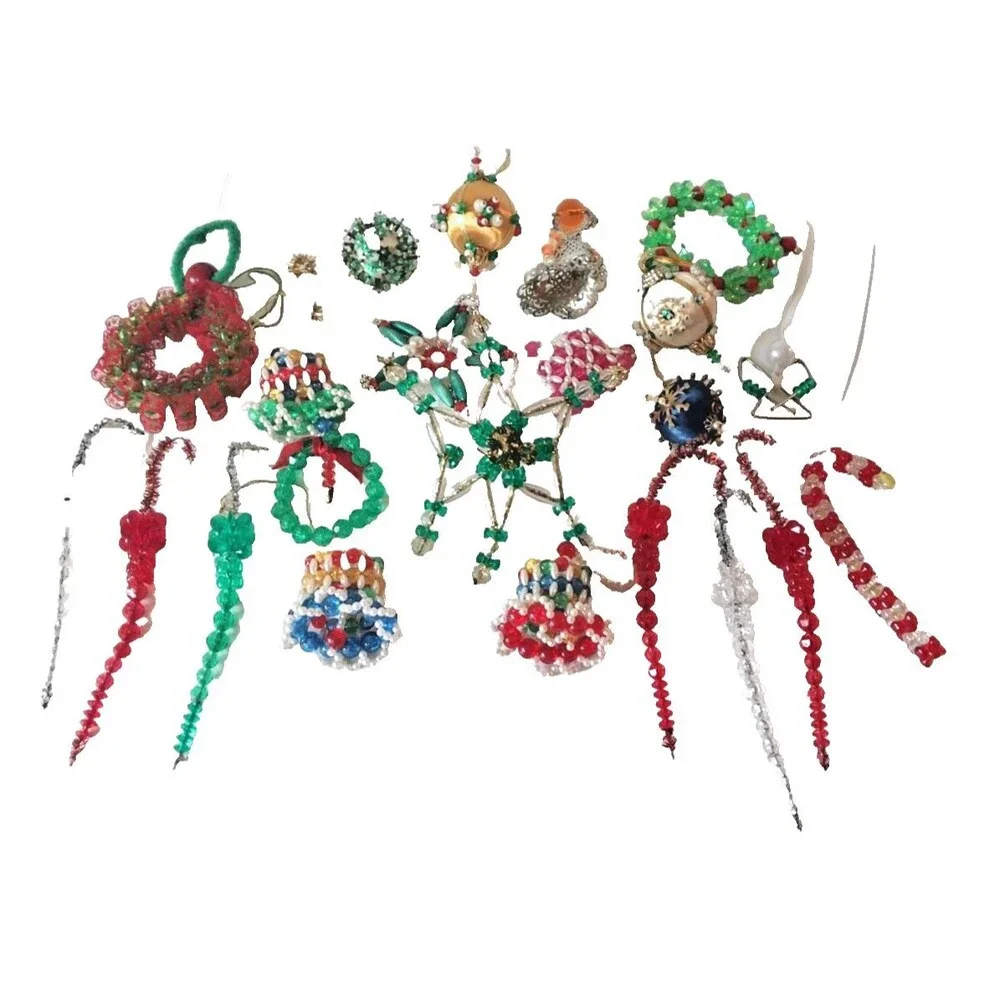 21 Lot Christmas Beaded Ornaments Bells Candle Wreath Icicle Candy Cane Push Pin